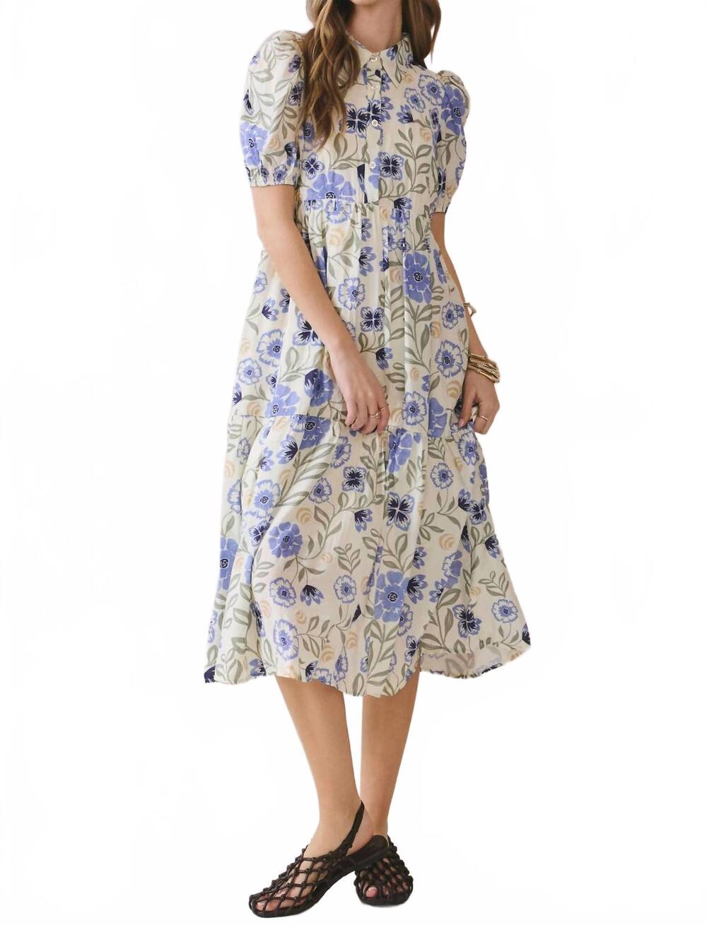 NEW TCEC floral button down midi dress in cream/blue multi